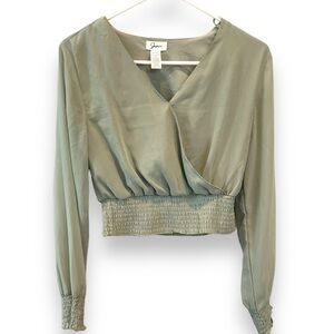 Japna | Sage Green Long Sleeve faux wrap smocked top blouse cropped size small